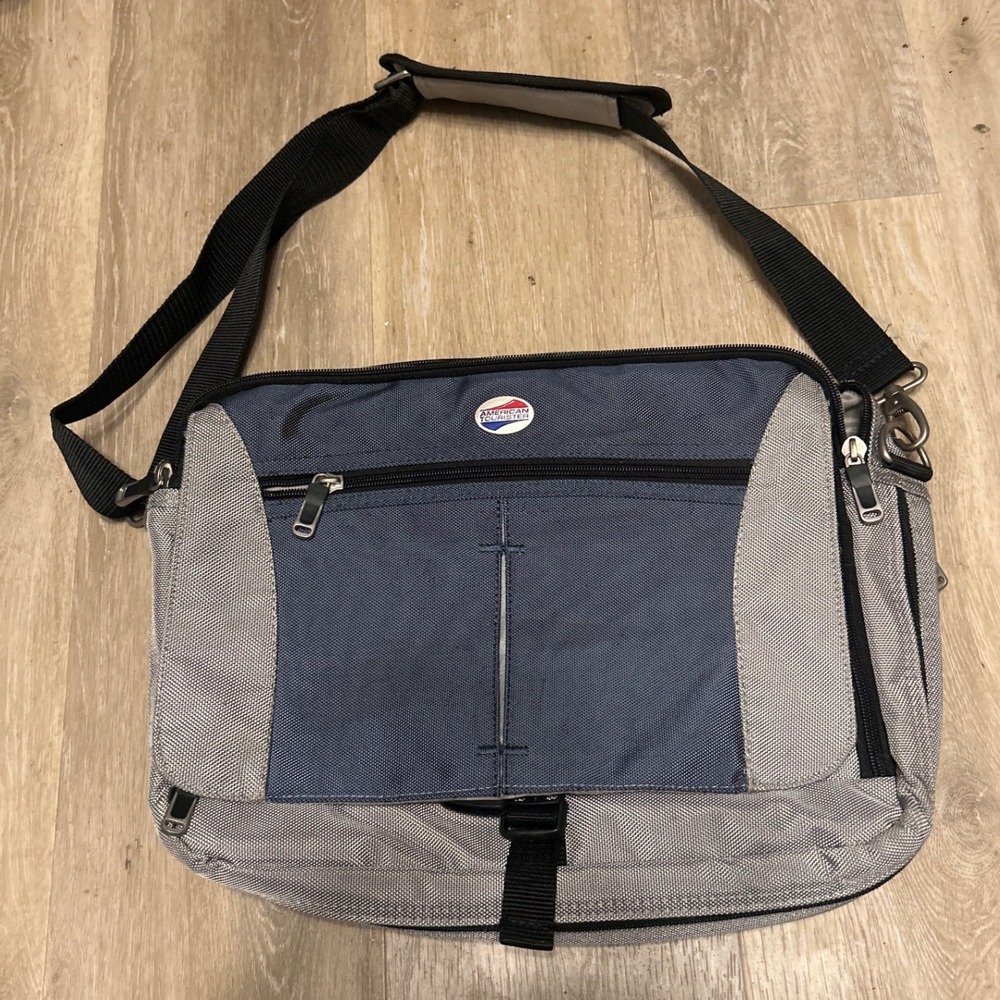 American‎ Tourister Messenger Bag Blue Grey Nylon Laptop Case Shoulder Bag 15in
